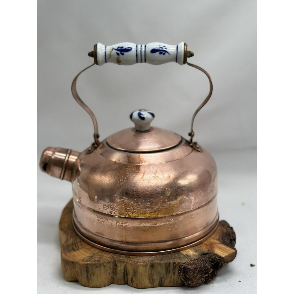 Copper Kettle Teapot MCM White / Blue Ceramic Handle And Knob